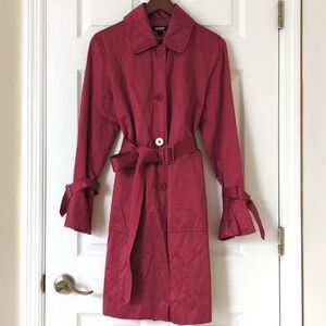 DKNY Y2K Vintage Satin Belted Button Up Midi Length Trench Coat Hot Pink Small